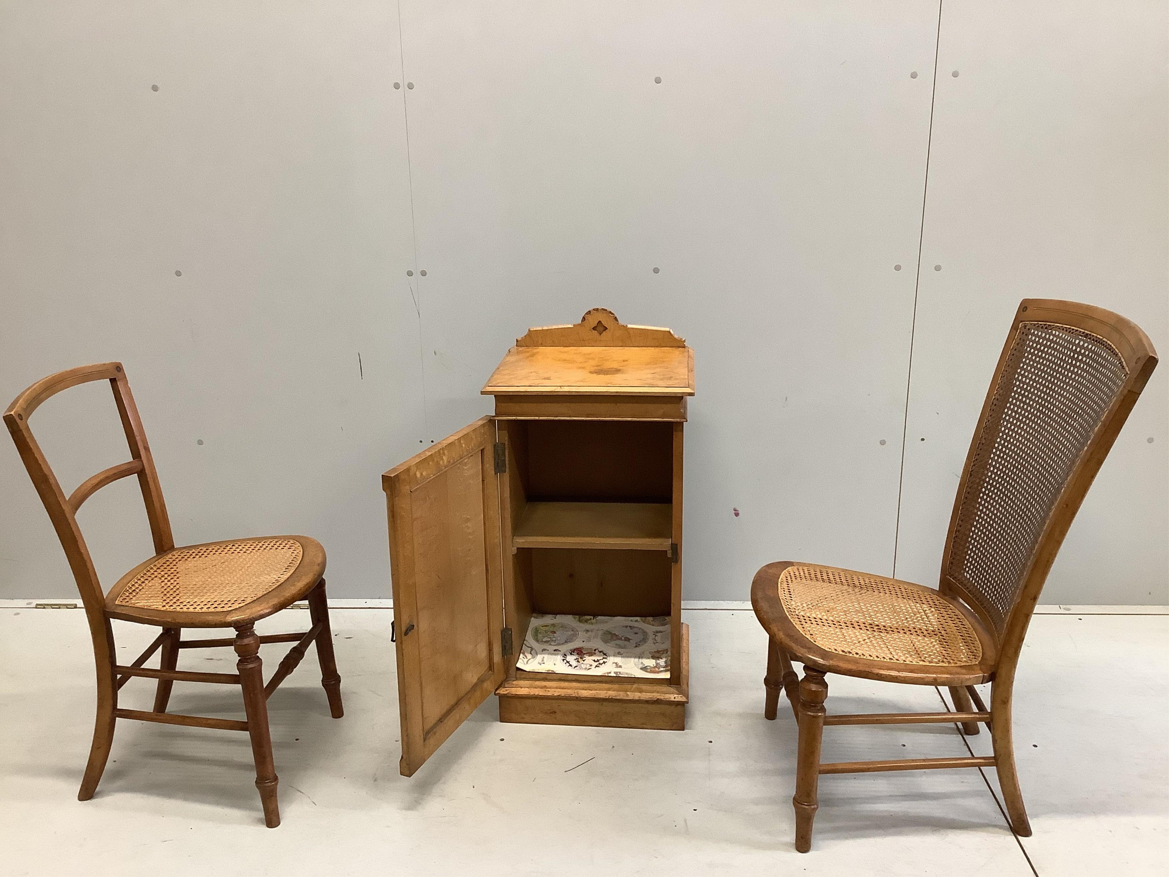 A late Victorian Gothic revival ebony inlaid, bird's eye maple bedroom suite, manner of Charles Bevan, comprising 5ft bed frame, kneehole dressing table, chest of drawers, marble top washstand, bedside cabinet, commode a